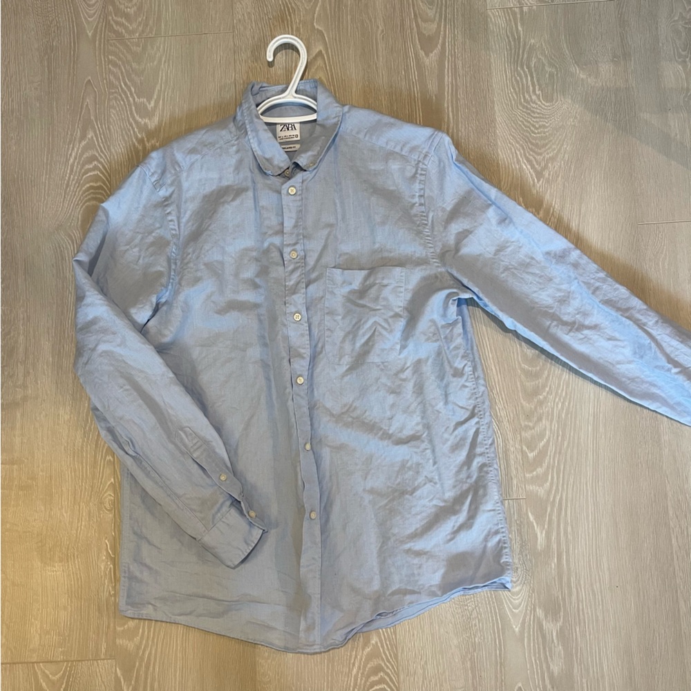 Zara Men’s Linen Button Down Shirt, Light Blue size Large - Picture 1 of 13